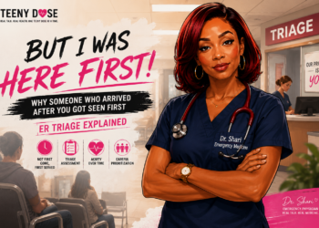 Illustration of Dr. Shari, a Black emergency physician in navy scrubs, standing in an emergency room waiting area beside the words “But I Was Here First!” and “ER Triage Explained,” introducing how ER triage determines which patients are seen first.