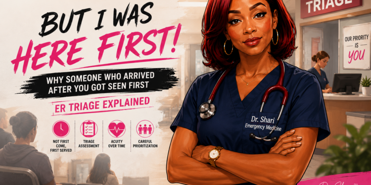 Illustration of Dr. Shari, a Black emergency physician in navy scrubs, standing in an emergency room waiting area beside the words “But I Was Here First!” and “ER Triage Explained,” introducing how ER triage determines which patients are seen first.